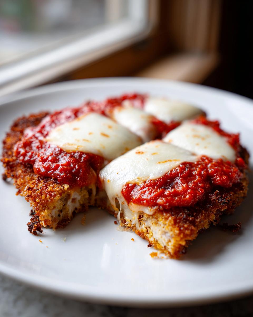 Close-up of a perfectly cooked Easy Chicken Parmesan cut open, showing crispy breading, marinara sauce, and melted mozzarella cheese.