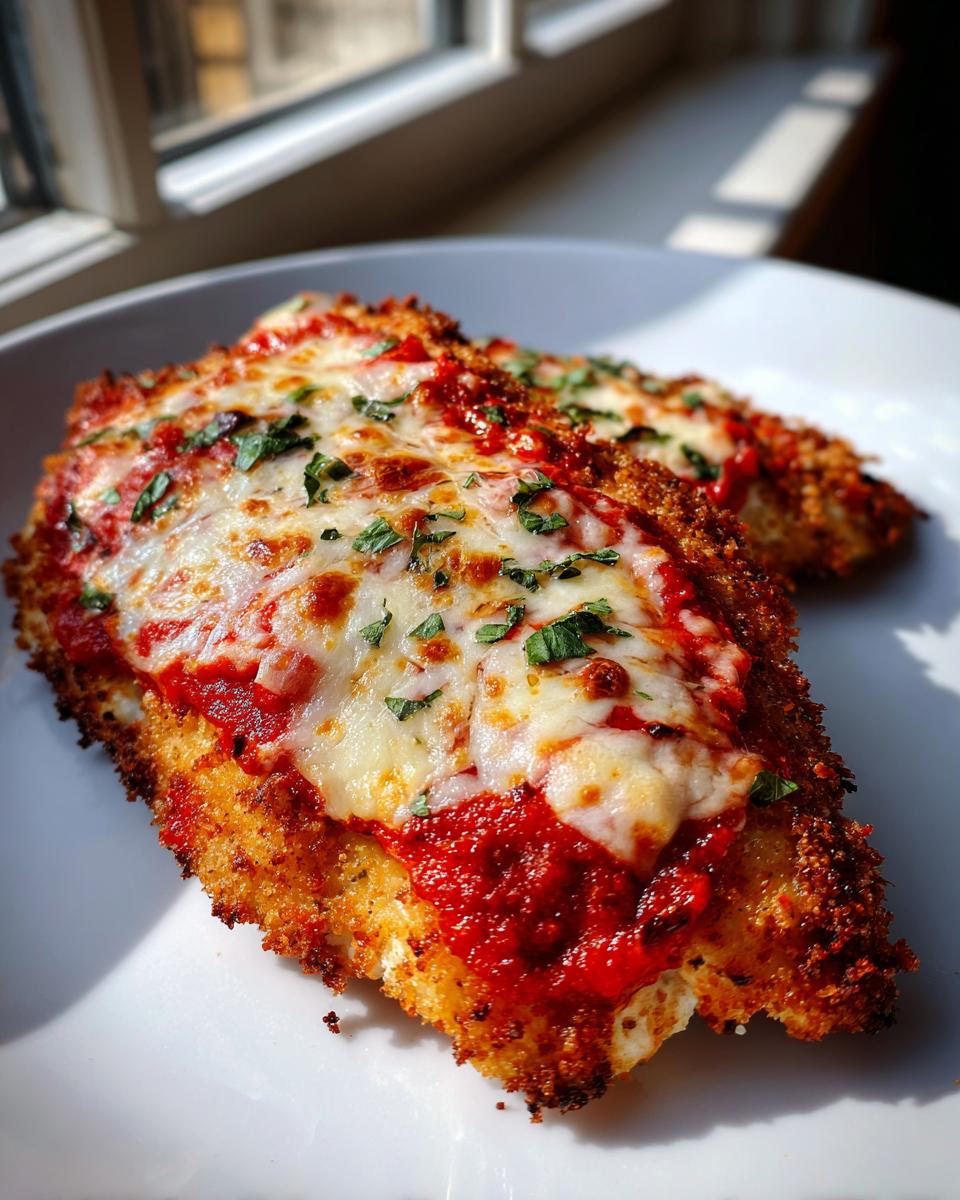 Close-up of two portions of Easy Chicken Parmesan, topped with melted mozzarella and marinara sauce, garnished with parsley.