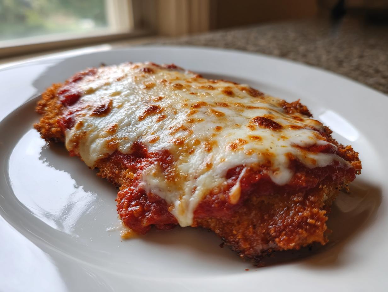 A perfectly cooked piece of Easy Chicken Parmesan topped with melted mozzarella and marinara sauce on a white plate.