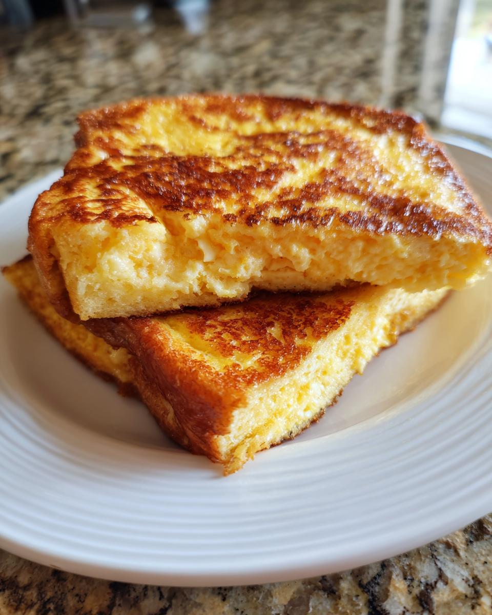 Close-up of two thick slices of golden brown easy french toast stacked on a white plate.