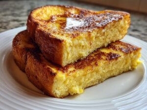 Close-up of thick, fluffy slices of easy french toast stacked on a white plate, glistening with syrup.