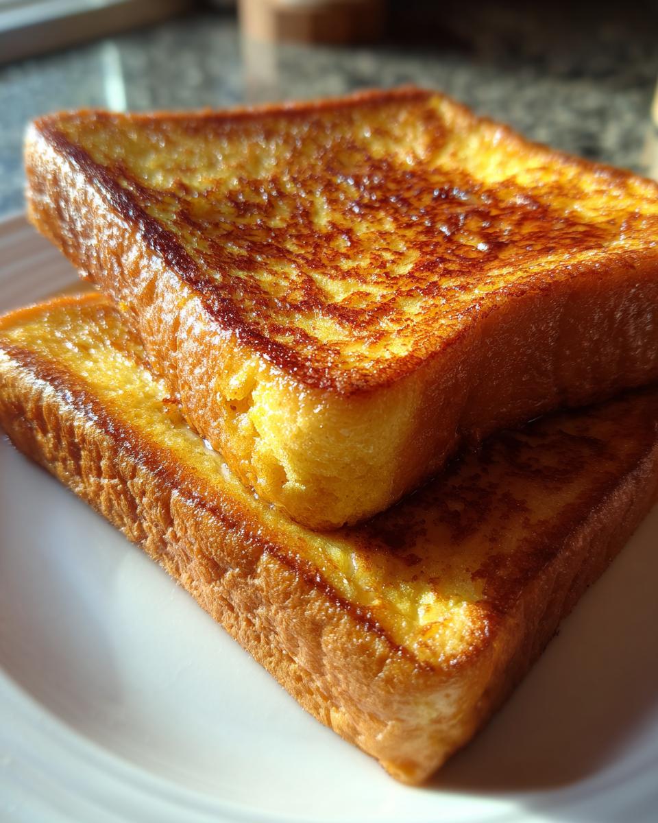 Close-up of two perfectly golden brown slices of easy french toast stacked on a white plate.