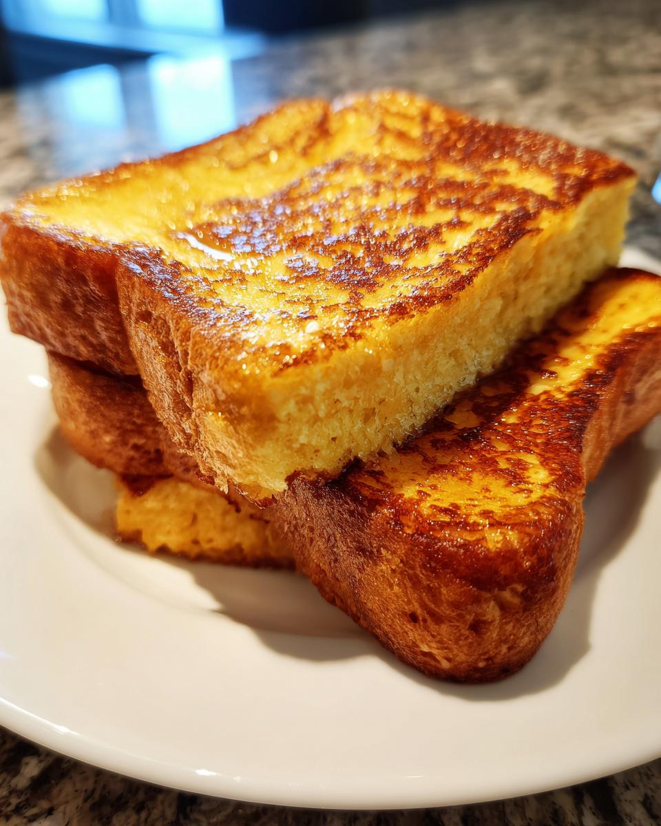 Close-up of three thick slices of golden brown easy french toast stacked on a white plate.
