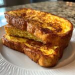Close-up of two thick slices of golden brown easy french toast stacked on a white plate.