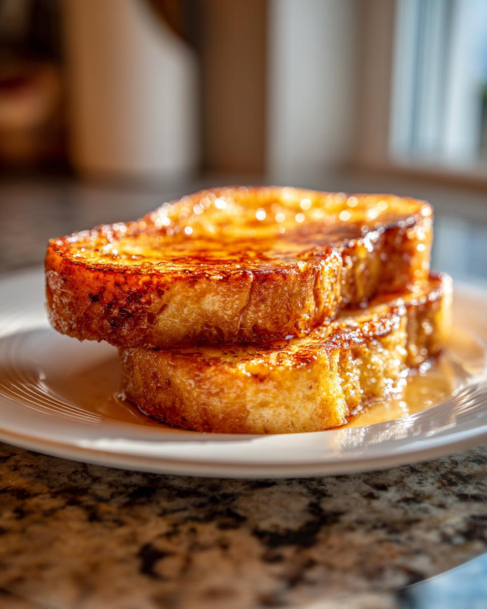 Two thick slices of golden brown easy french toast stacked on a white plate, glistening with maple syrup.