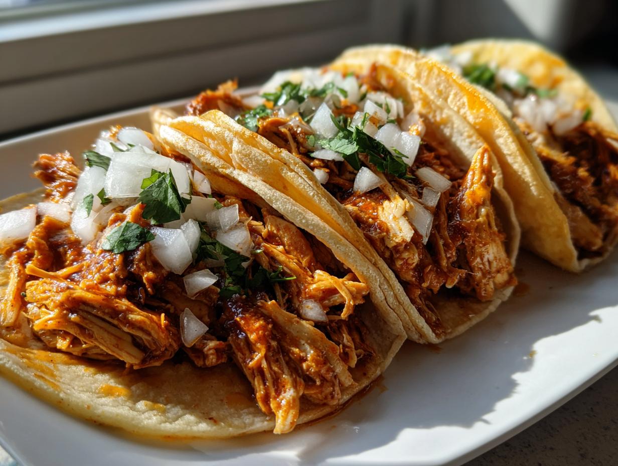 Close-up of three corn tortilla chicken tacos filled with saucy shredded chicken and topped with diced white onion and cilantro.