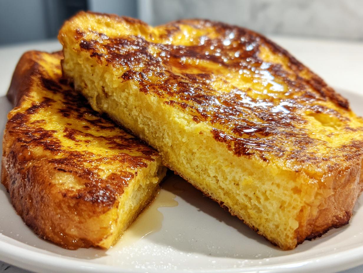 Close-up of two thick slices of golden brown french toast soaked in syrup, highlighting the fluffy interior texture.