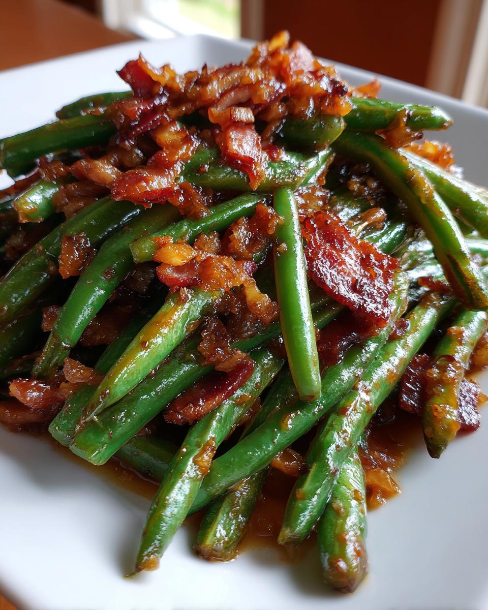 Close-up of vibrant green beans tossed in a savory glaze and topped with crispy bacon bits.