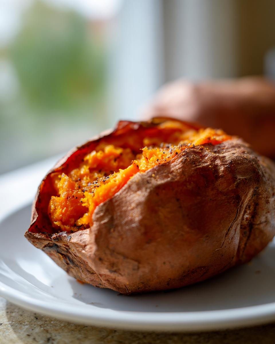 A close-up of a fluffy baked sweet potato, split open to show the bright orange interior seasoned with pepper.