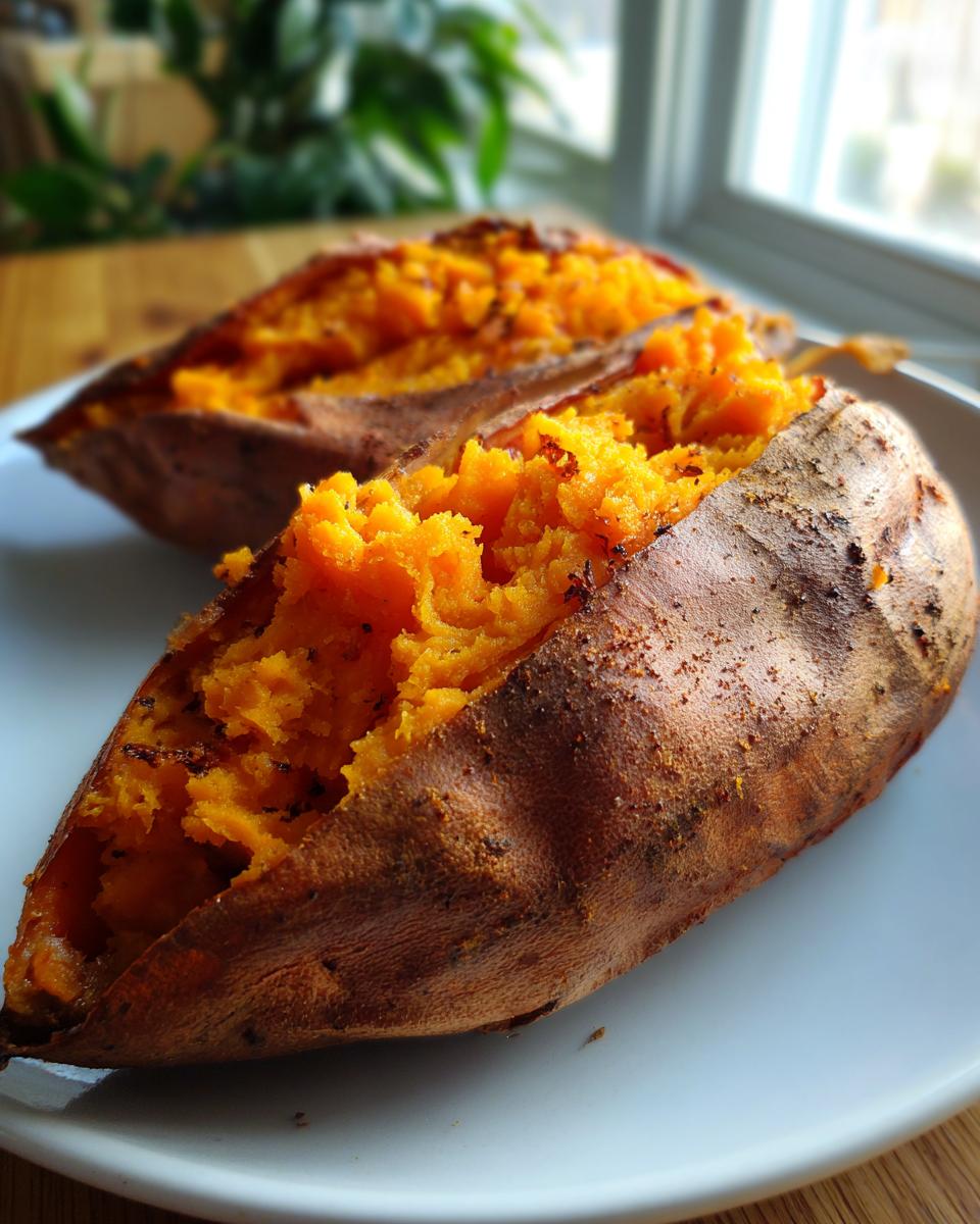 Two fluffy baked sweet potato halves served on a white plate, showing the bright orange, mashed interior.