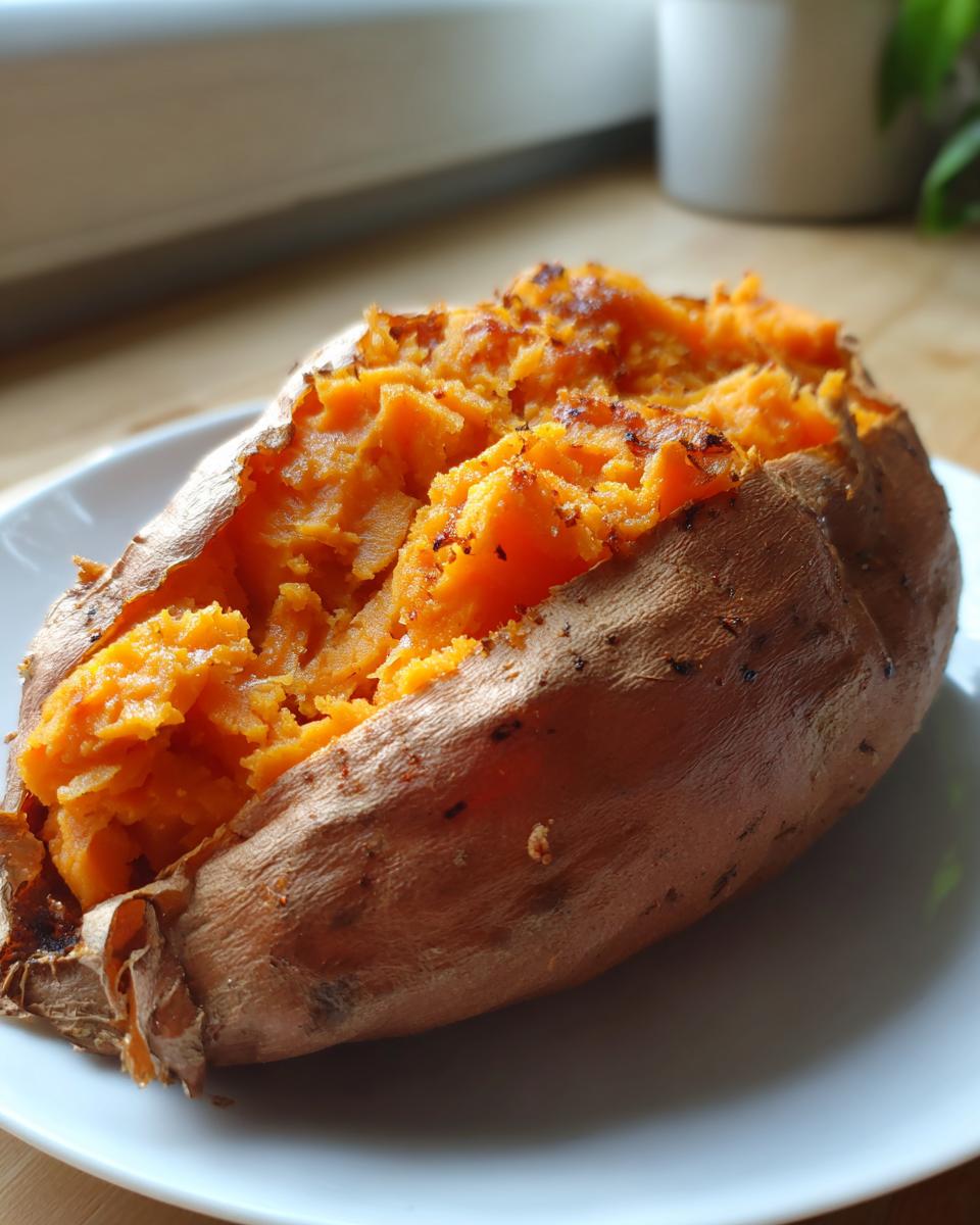 Close-up of a perfectly fluffy baked sweet potato split open on a white plate, showing bright orange flesh.