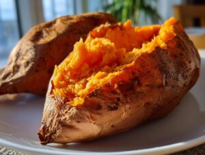 Close-up of a fluffy baked sweet potato, split open to show the bright orange interior.