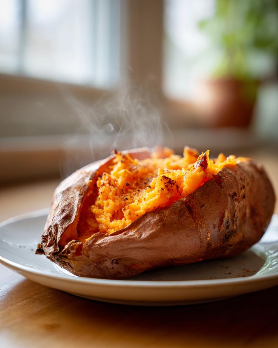 A perfectly fluffy baked sweet potato, split open and steaming hot, sitting on a light-colored plate.