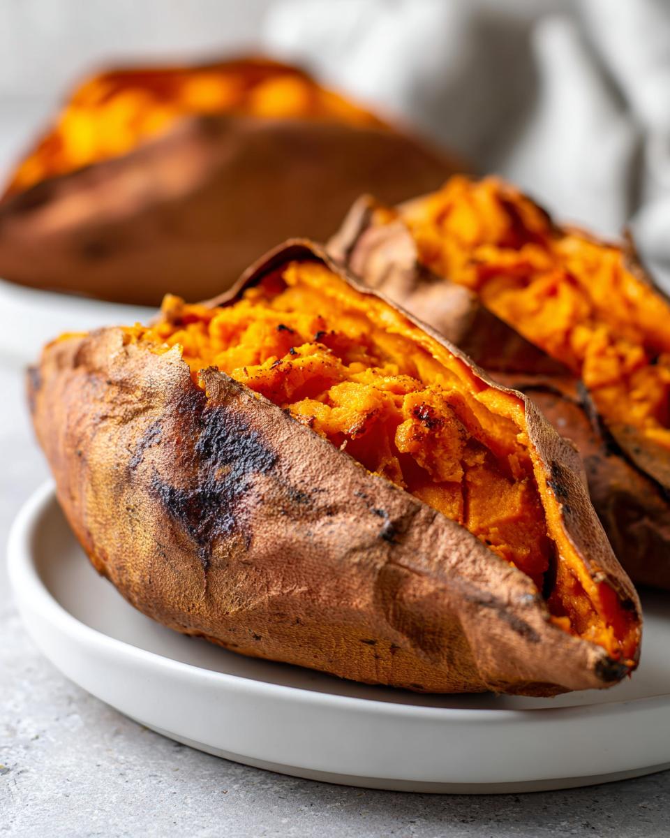Close-up of fluffy baked sweet potatoes split open on a white plate, showing bright orange flesh.
