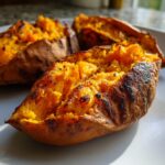 Close-up of fluffy baked sweet potatoes, split open and seasoned, showing bright orange flesh.