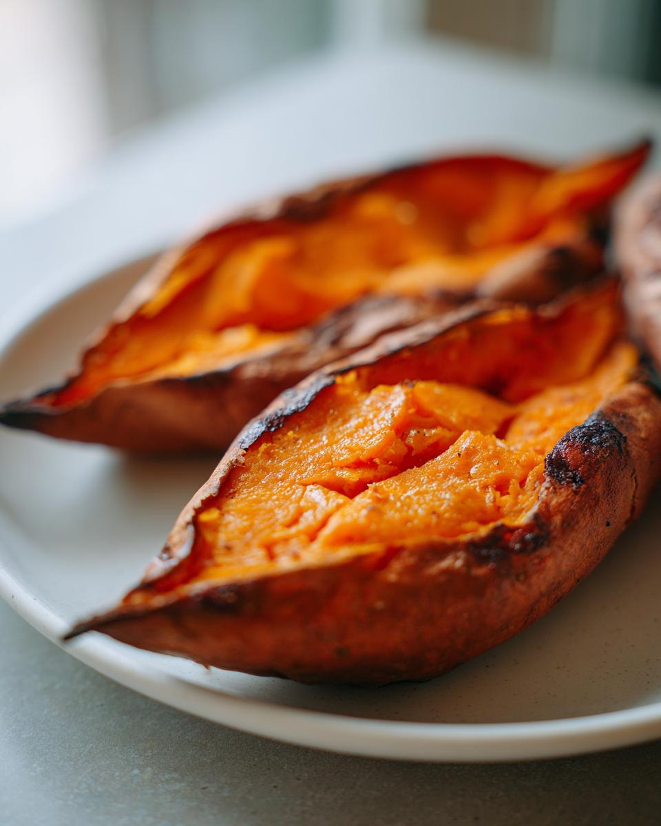 Close-up of two fluffy baked sweet potatoes, split open to show the bright orange interior.
