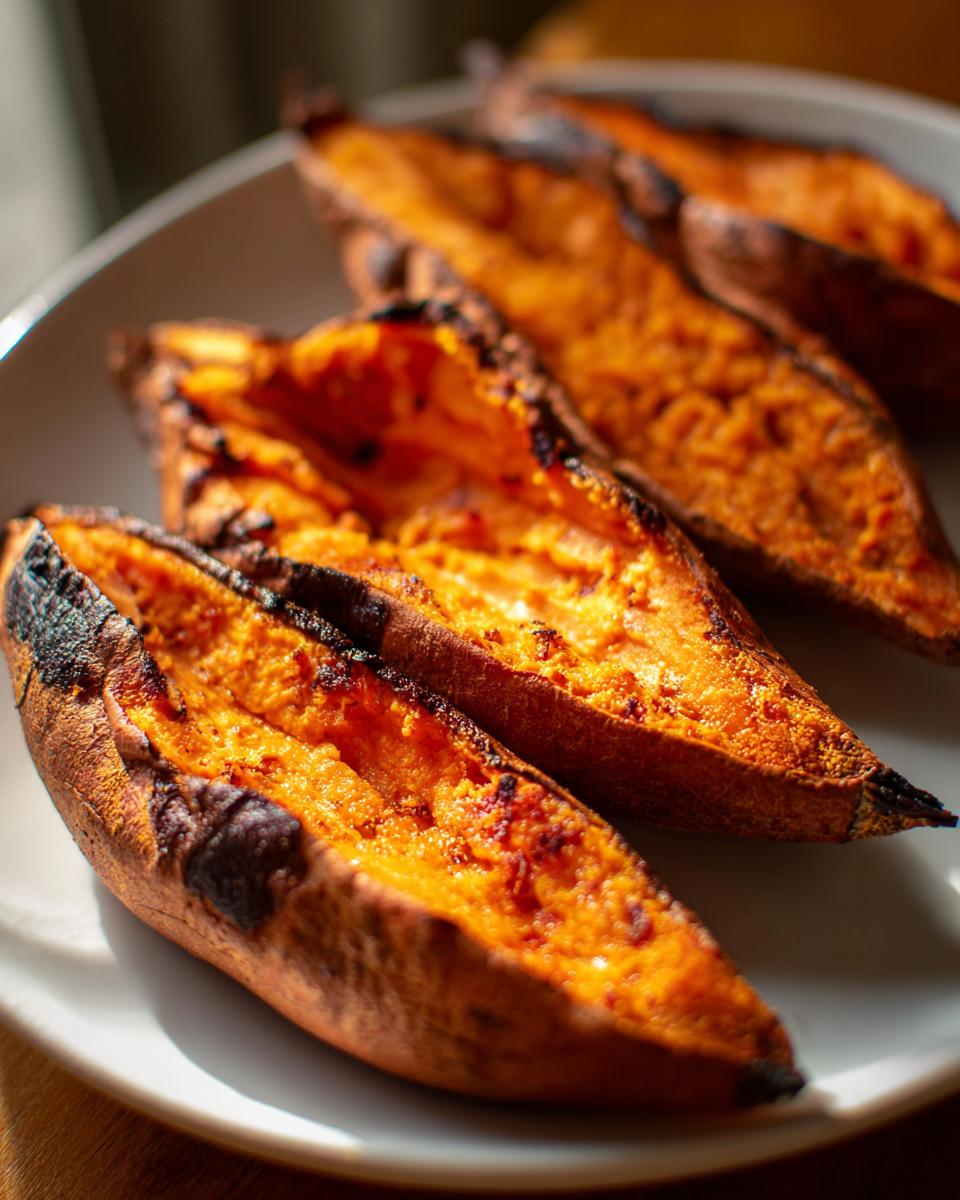 Close-up of four fluffy baked sweet potatoes cut in half lengthwise, showing the bright orange interior.