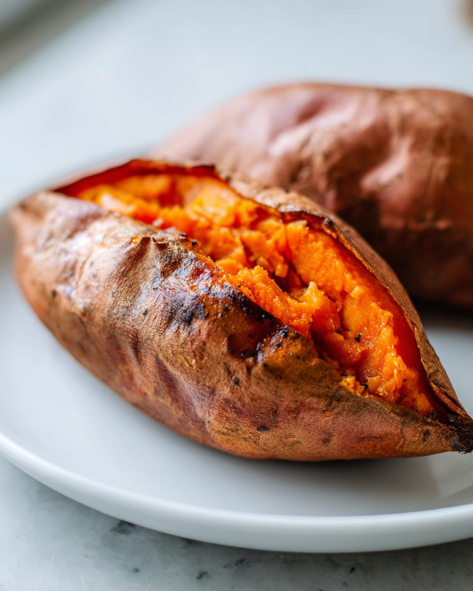 Close-up of a perfectly baked sweet potatoes, split open to show the fluffy, bright orange interior.