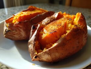 Two fluffy baked sweet potatoes, split open to show the bright orange interior, seasoned on a white plate.