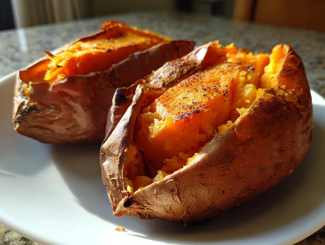 Two fluffy baked sweet potatoes, split open to show the bright orange interior, seasoned on a white plate.