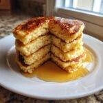 A tall stack of fluffy greek yogurt pancakes with a piece cut out, drizzled heavily with syrup.