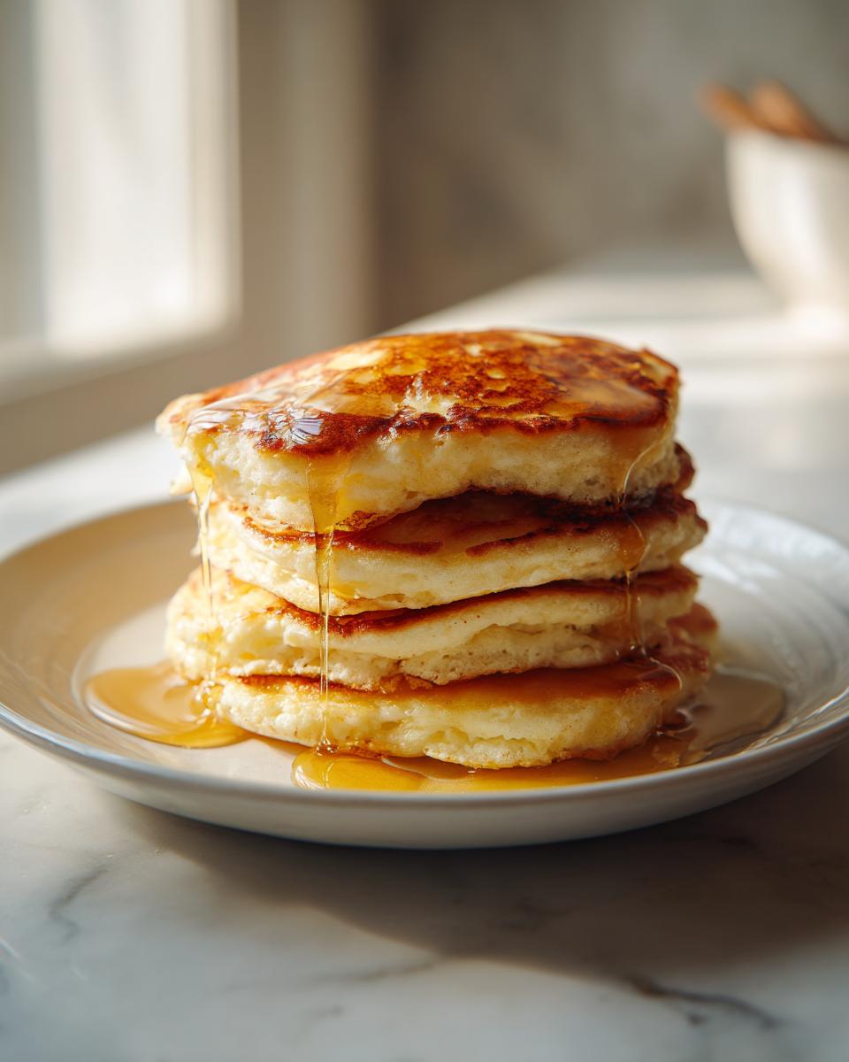 A tall stack of four fluffy greek yogurt pancakes drizzled generously with golden syrup.