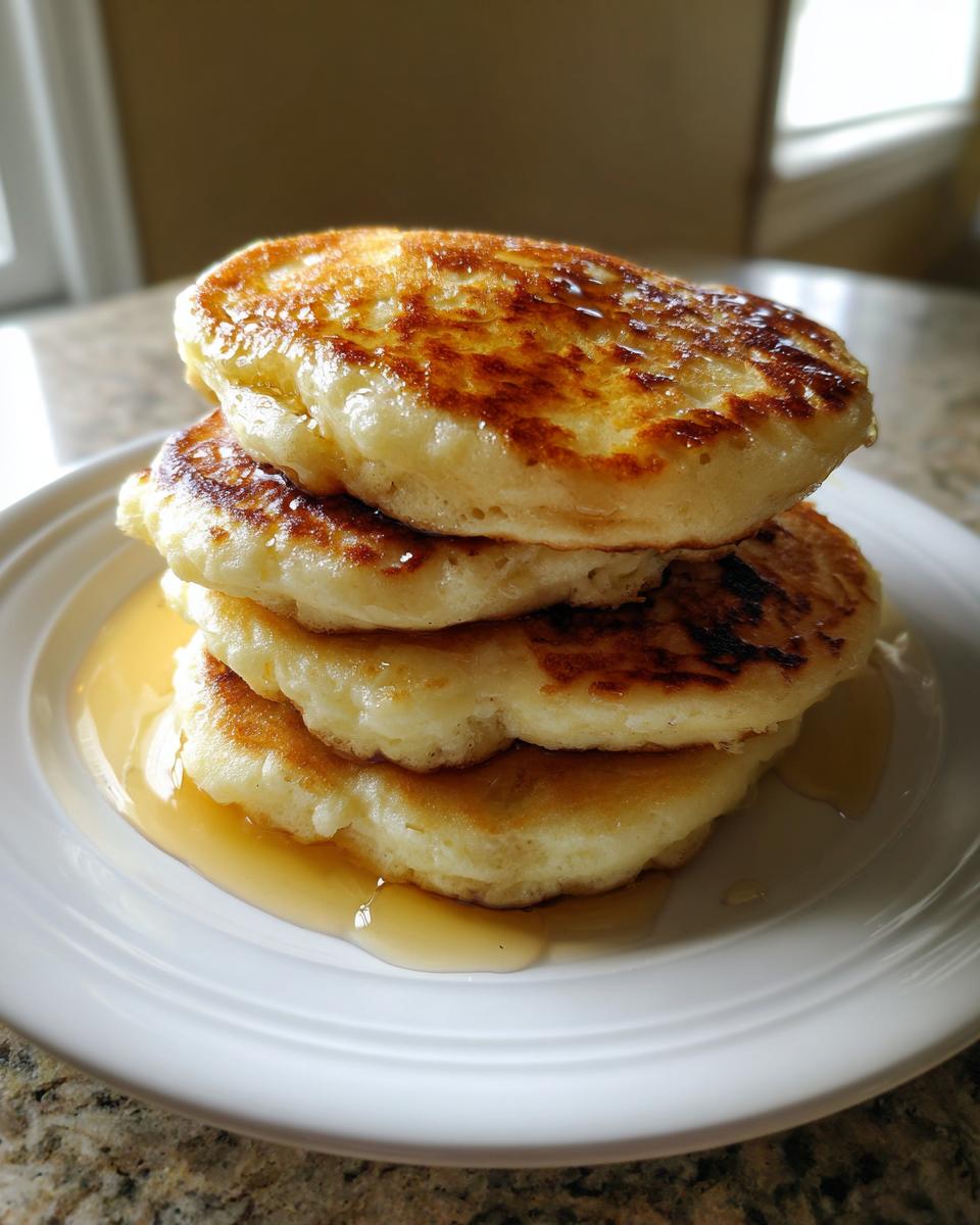 A tall stack of four fluffy greek yogurt pancakes drizzled with golden syrup on a white plate.