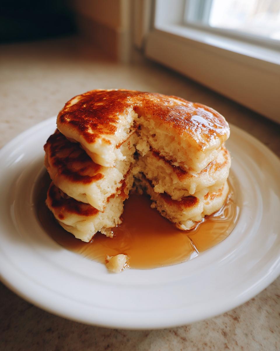 A stack of three fluffy greek yogurt pancakes with a piece removed, drizzled with syrup on a white plate.