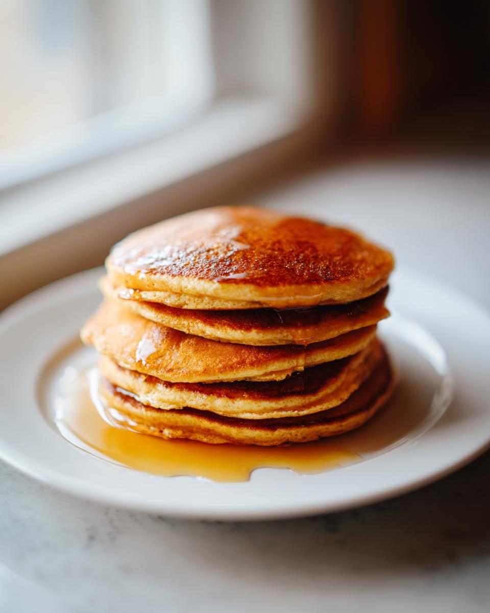 A tall stack of five fluffy greek yogurt pancakes drizzled generously with maple syrup on a white plate.