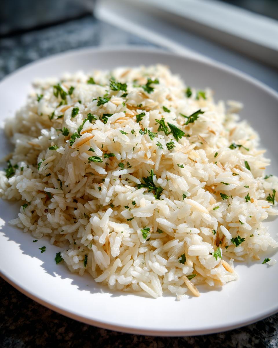 A serving of fluffy, white rice pilaf mixed with toasted vermicelli and topped with fresh chopped parsley.