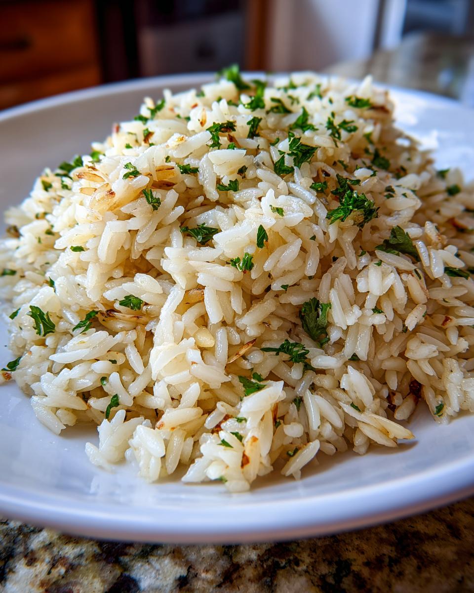 Close-up of a mound of fluffy rice pilaf, lightly browned with some ingredients, garnished with chopped fresh parsley.