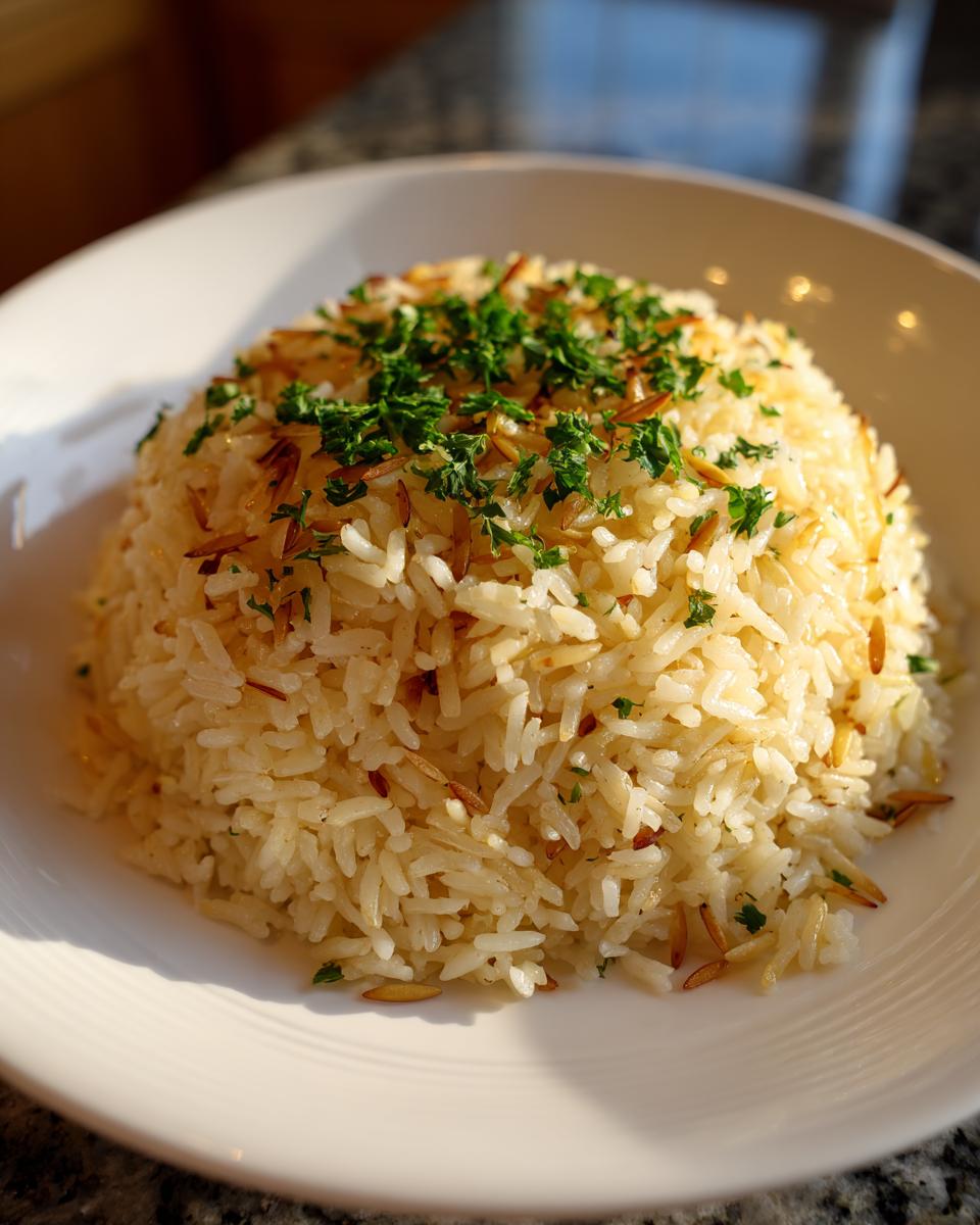 A mound of fluffy rice pilaf mixed with toasted vermicelli, topped with fresh chopped parsley, served on a white plate.