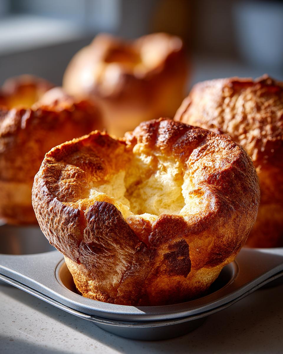 Close-up of a golden brown, fluffy Yorkshire pudding risen high in a metal muffin tin cup.