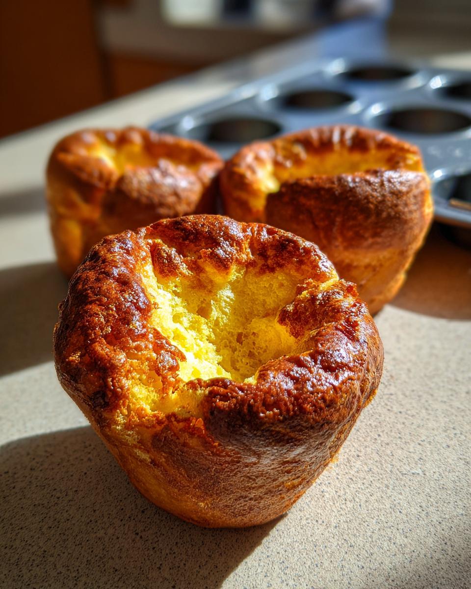 Close-up of a golden brown, fluffy Yorkshire pudding showing its deep, airy center.