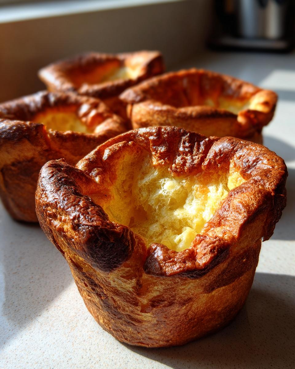 Close-up of several golden brown, perfectly risen yorkshire pudding cups with light, airy centers.