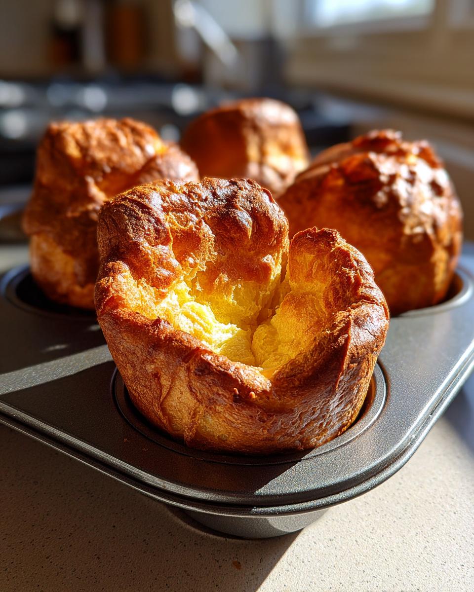 Close-up of golden brown, fluffy Yorkshire pudding fresh out of the muffin tin.