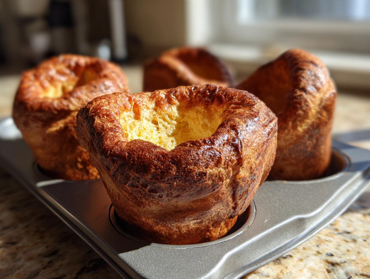 Close-up of four golden brown, fluffy Yorkshire pudding freshly baked in a metal muffin tin.