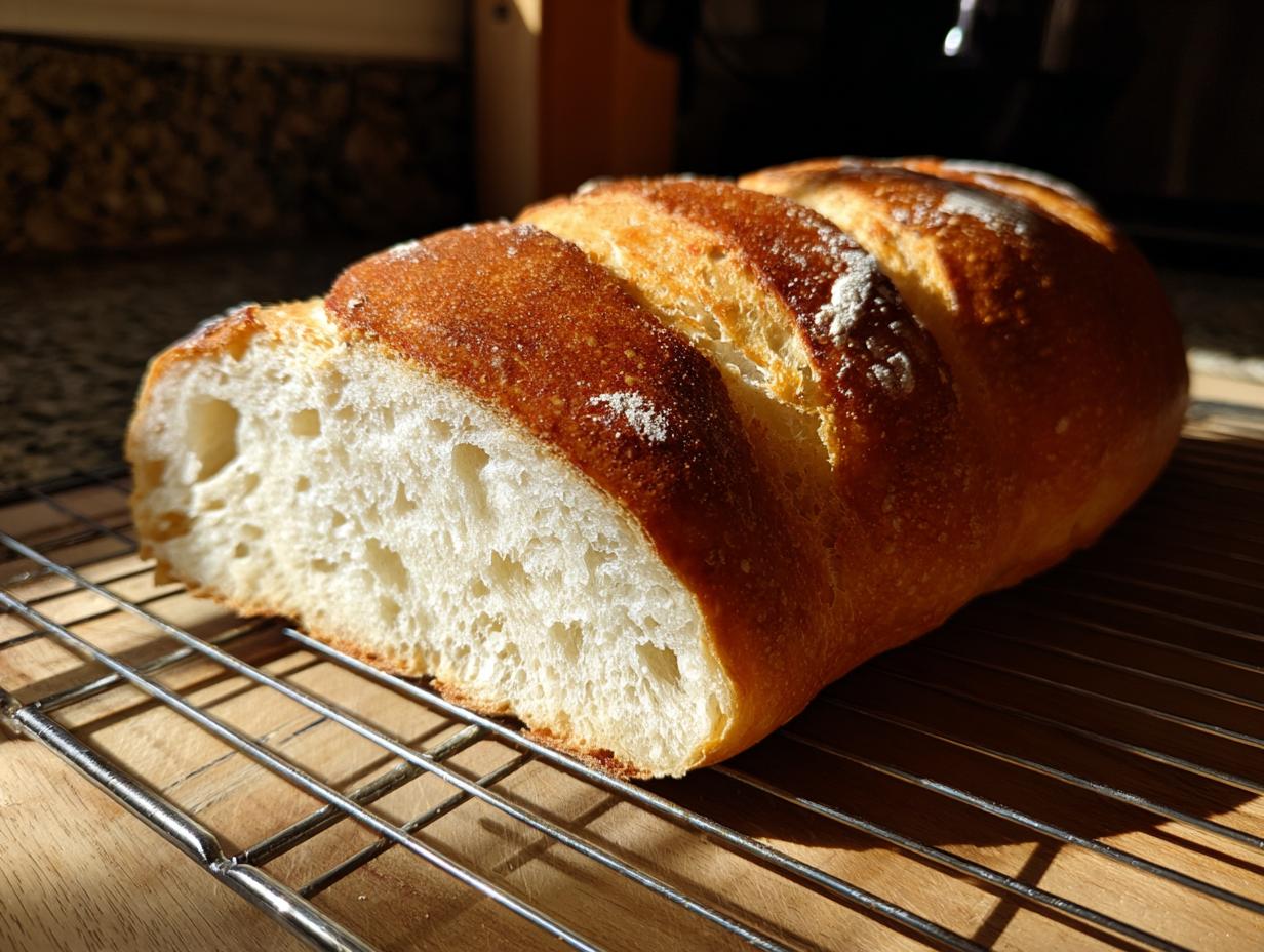 A loaf of golden brown, freshly baked French bread, sliced open to show the airy interior, resting on a wire cooling rack.