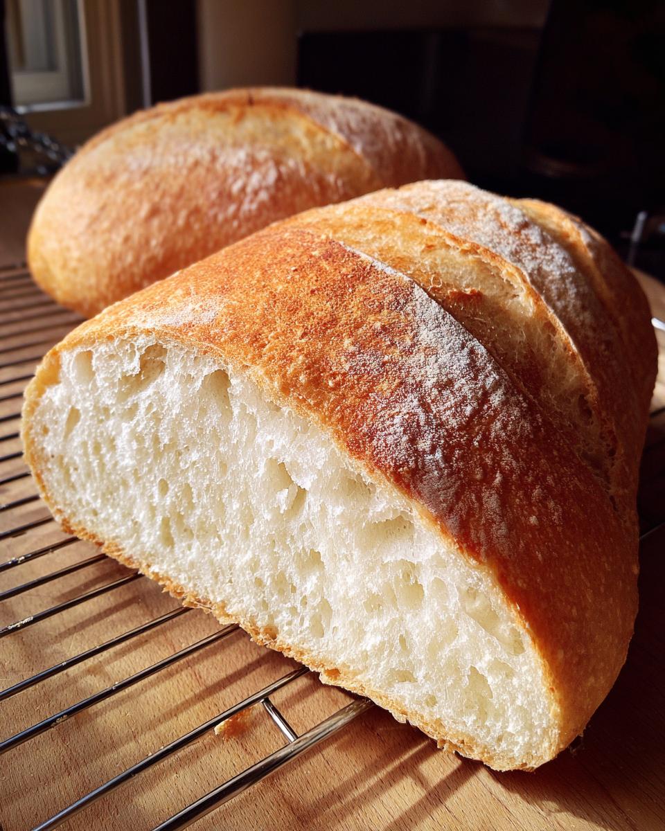 Close-up of a freshly baked French bread loaf, sliced open to show the airy white crumb, resting on a wire rack.