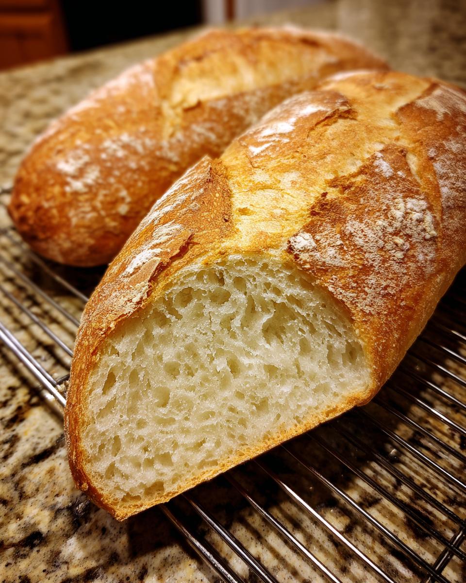 Close-up of a freshly baked French bread loaf, sliced open to show the airy, open crumb structure.