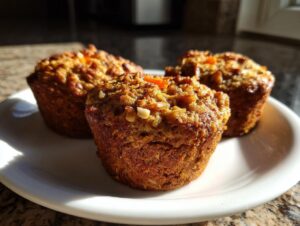 Three golden brown morning glory muffins topped with nuts and visible shreds of carrot, resting on a white plate.