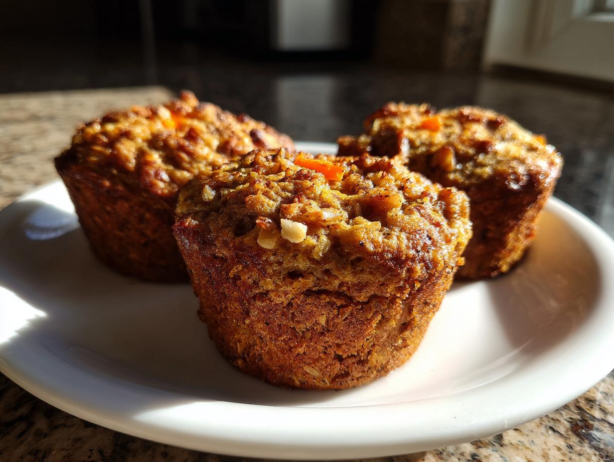 Three golden brown morning glory muffins topped with nuts and visible shreds of carrot, resting on a white plate.