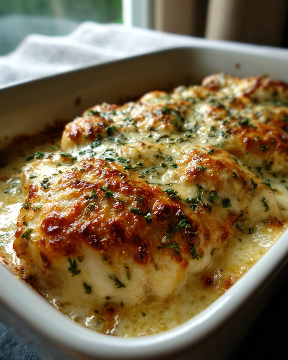 Close-up of baked chicken breasts covered in melted, browned cheese and herbs, swimming in sauce, ready to serve from the Garlic parmesan chicken bake.