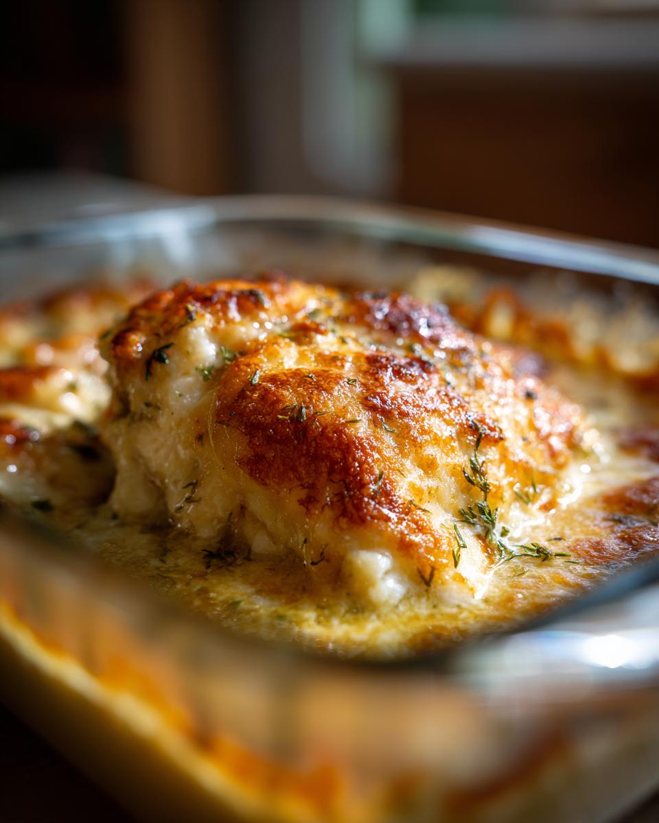 Close-up of a perfectly baked chicken breast with a golden-brown, cheesy crust from the garlic parmesan chicken bake.