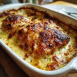 Close-up of a creamy Garlic parmesan chicken bake with a deeply browned, bubbly cheese topping.