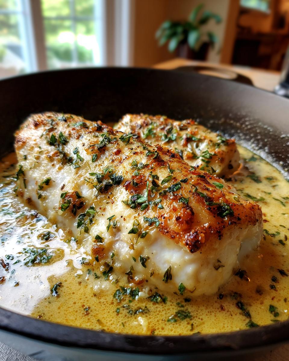 Close-up of seared chicken breasts smothered in creamy garlic parmesan sauce and topped with fresh parsley.