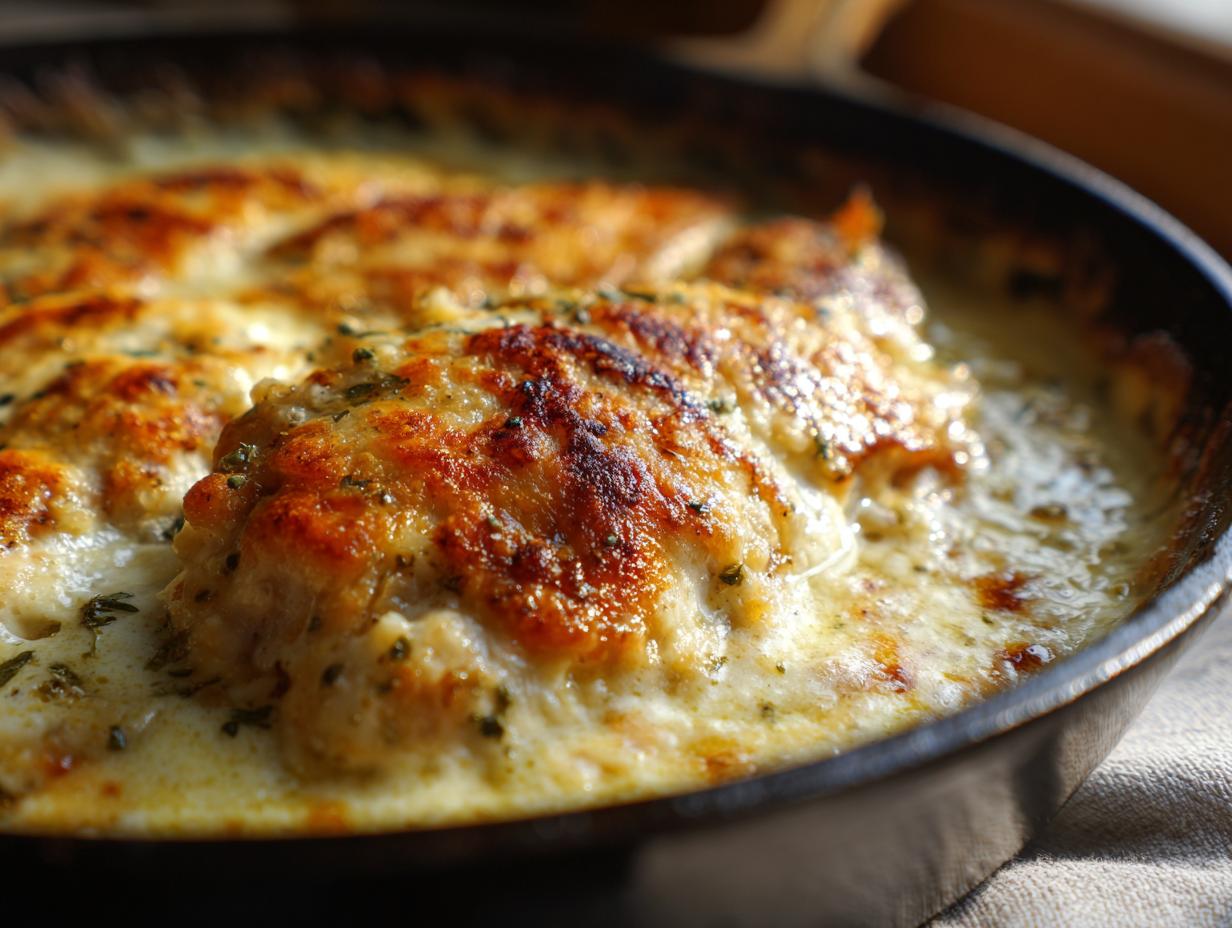Close-up of a golden-brown, cheesy Garlic parmesan chicken bake bubbling in a dark skillet.