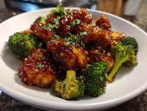 Close-up of saucy, glazed chicken and bright green broccoli florets served in a white bowl.