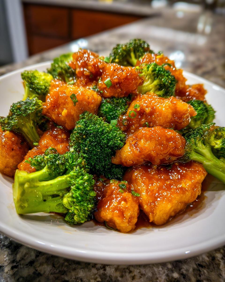 Close-up of crispy, glazed chicken pieces mixed with bright green broccoli florets in a white bowl, highlighting the chicken and broccoli recipe.