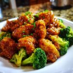 Close-up of glazed, crispy chicken and bright green broccoli florets, a perfect chicken and broccoli dish.